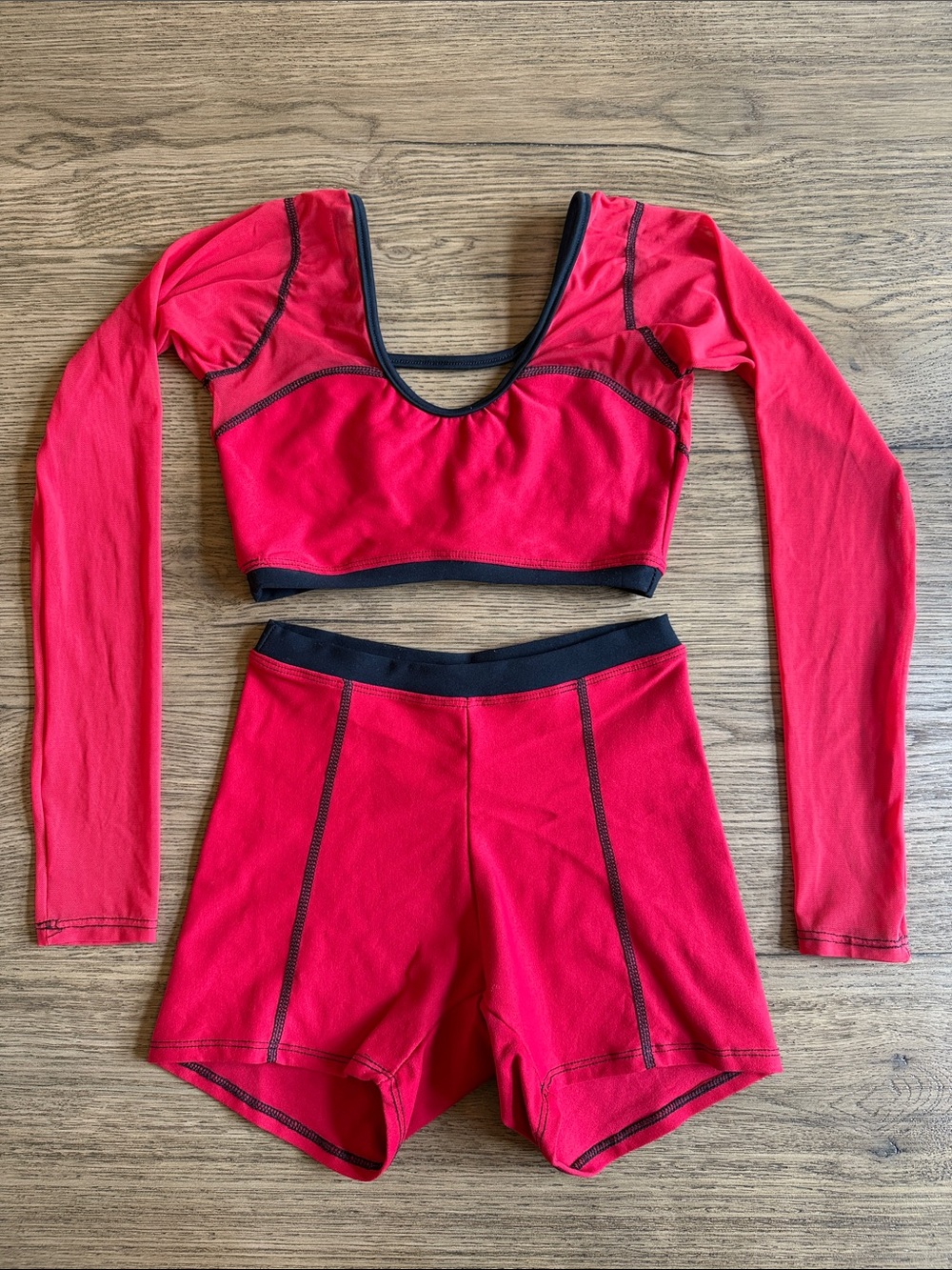 Girls Red Long-Sleeve Crop Top & High-Waist Dance Shorts Set